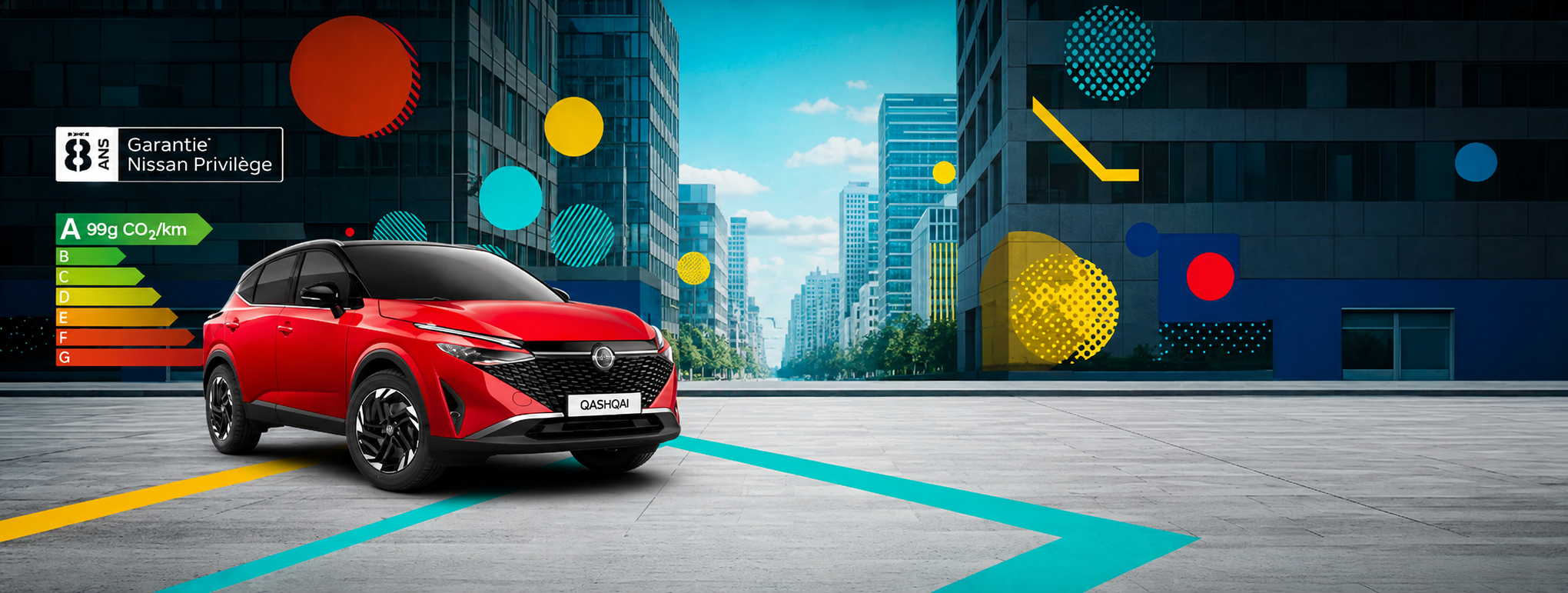 Nissan Qashqai ICON rouge dans un décor urbain